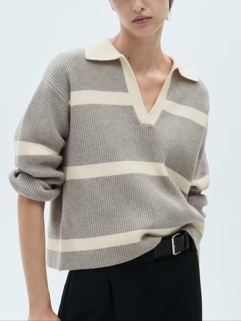 Mango Knitted Polo Neck Gray & White Striped Sweater Size M